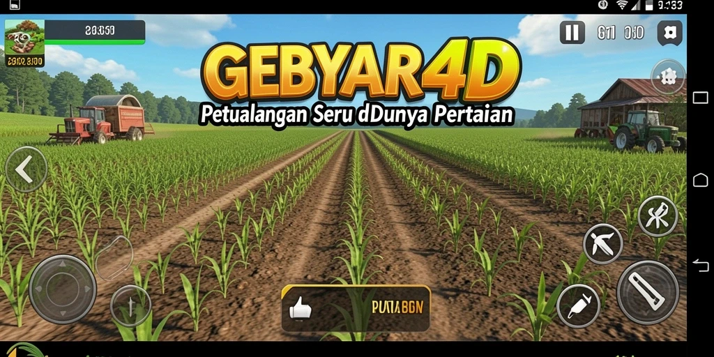 Tangkapan layar utama GEBYAR4D menunjukkan aktivitas pertanian yang seru dan interaksi sosial.