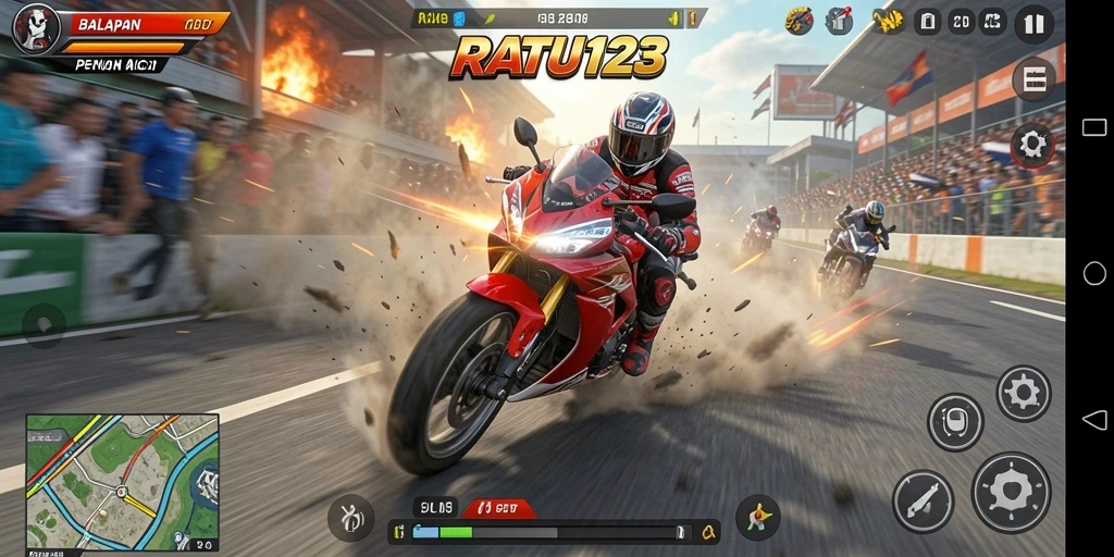 Screenshot gameplay yang menunjukkan balapan motor yang mendebarkan.
