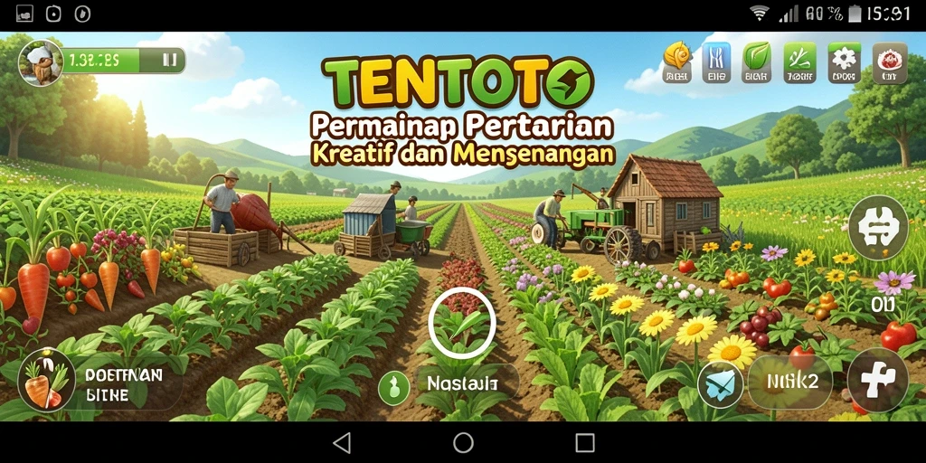 Tangkapan layar gameplay TENTOTO yang menunjukkan aktivitas pertanian yang menyenangkan.